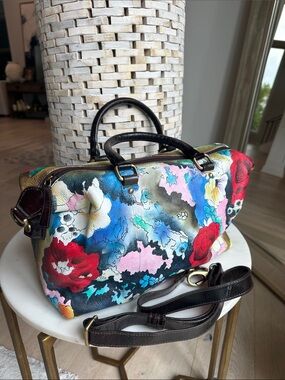 One of a kind/ HAND PAINTED Floral Leather Satchel Bag